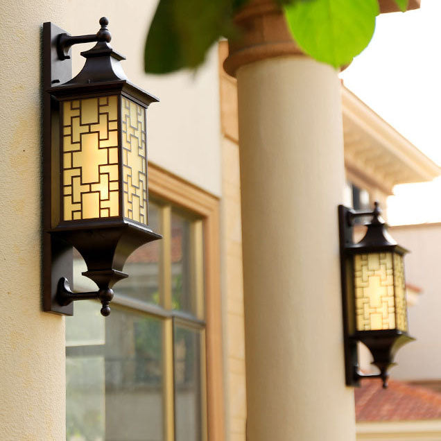 Outdoor Chinese Square Lantern Cage Waterproof 1-Light Wall Sconce Lamp