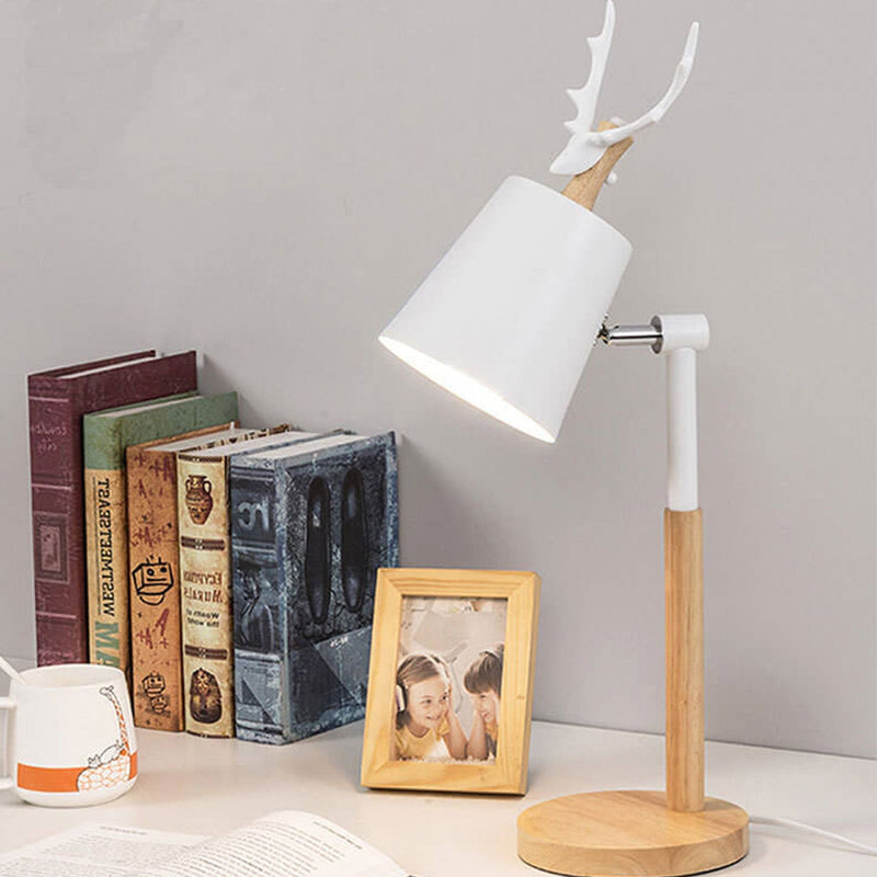 Lampe de table 1 lumière en bois et fer au design créatif nordique avec motif de renne 