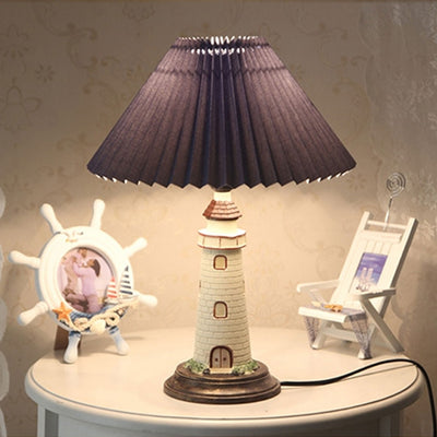 Creative Mediterranean Pleated Lampshade Lighthouse Base 1-Light Table Lamp