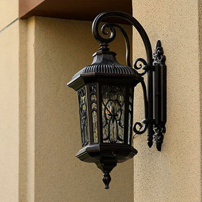 European Outdoor Carved Cage Aluminum Glass 1-Light Wall Sconce Lamp