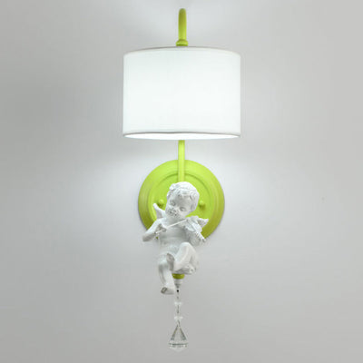French Cream Angel Iron Crystal Resin Fabric 1-Light Wall Sconce Lamp