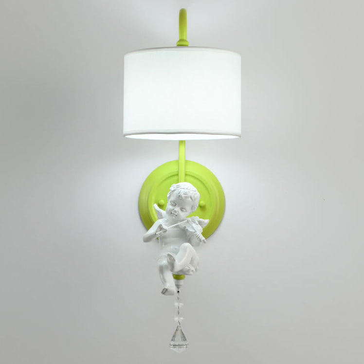 French Cream Angel Iron Crystal Resin Fabric 1-Light Wall Sconce Lamp