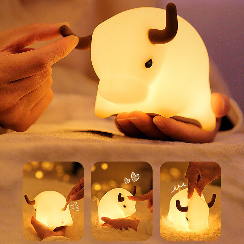Lámpara de Mesa Luz Nocturna LED Regulable con Temporizador USB de Silicona en Forma de Vaca Animal 