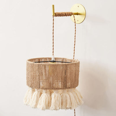Contemporary Boho Hemp Rope Weaving Cylindrical Cotton Tassel 1-Light Wall Sconce Lamp For Bedroom