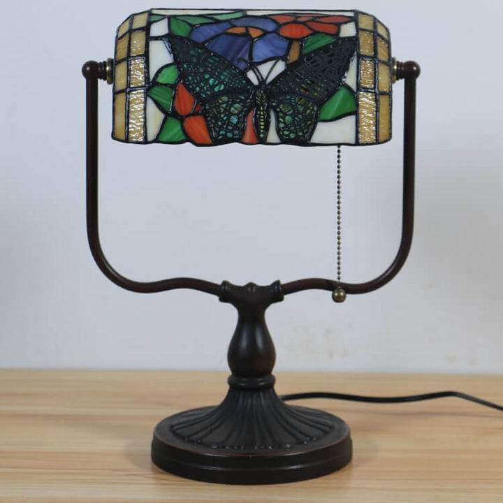 Traditional Tiffany Floral Butterfly Stained Glass 1-Light Bank Zipper Table Lamp for Bedroom
