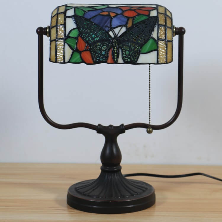 Tiffany Floral Butterfly Stained Glass 1-Light Bank Zipper Table Lamp