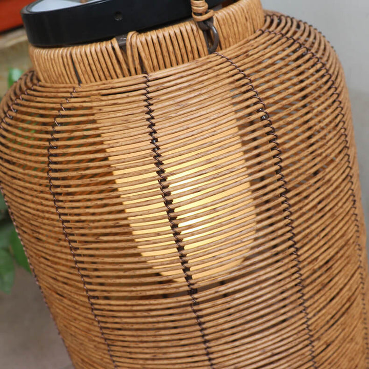 Traditionelle chinesische Solar-Gartenleuchte aus Eisen, Kunststoff und Rattan-Geflecht in runder Krugform mit LED, wasserdicht, für den Außenbereich 