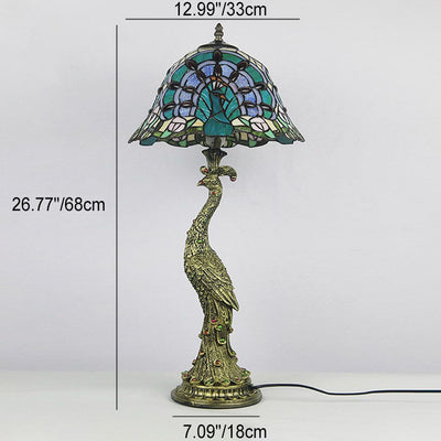 Vintage Tiffany Peacock Gem Dome Glass Resin 1-Light Table Lamp