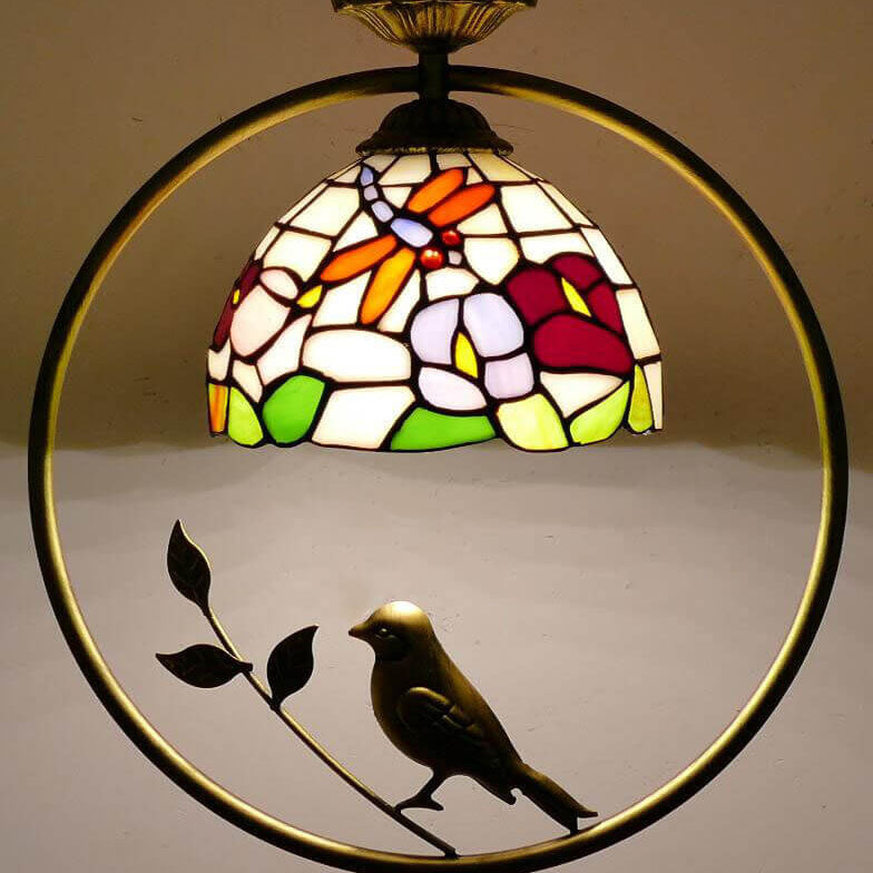 Tiffany Rustic Dome Stained Glass Ring Bird Design 1-Light Pendant Light