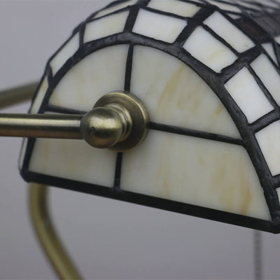 Vintage Tiffany Diamond Line Stained Glass 1-Light Bank Table Lamp