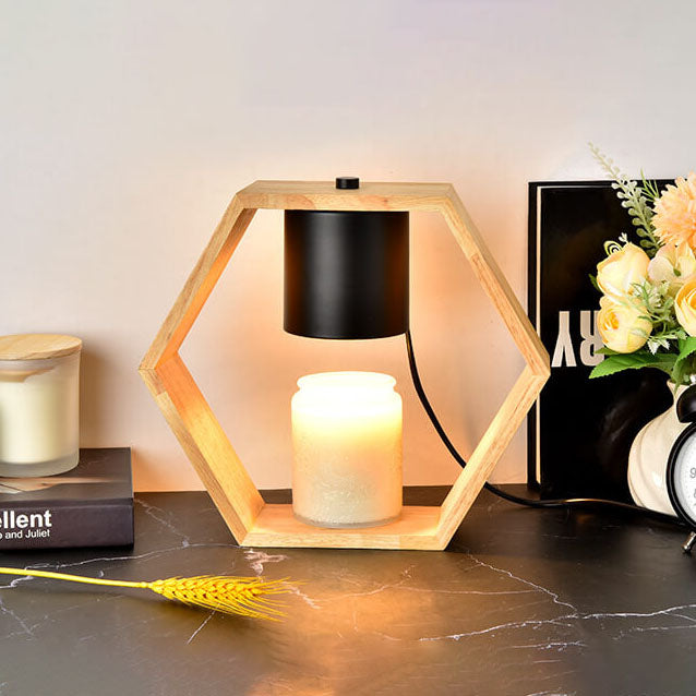 Zeitgenössische nordische sechseckige Tischlampe aus Holz und Metall mit 1 Flamme und schmelzendem Wachs für das Schlafzimmer 