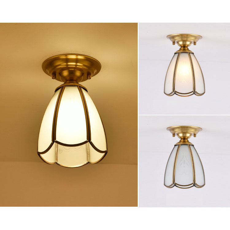 European Luxury Brass Glass Cone 1-Light Semi-Flush Mount Ceiling Light