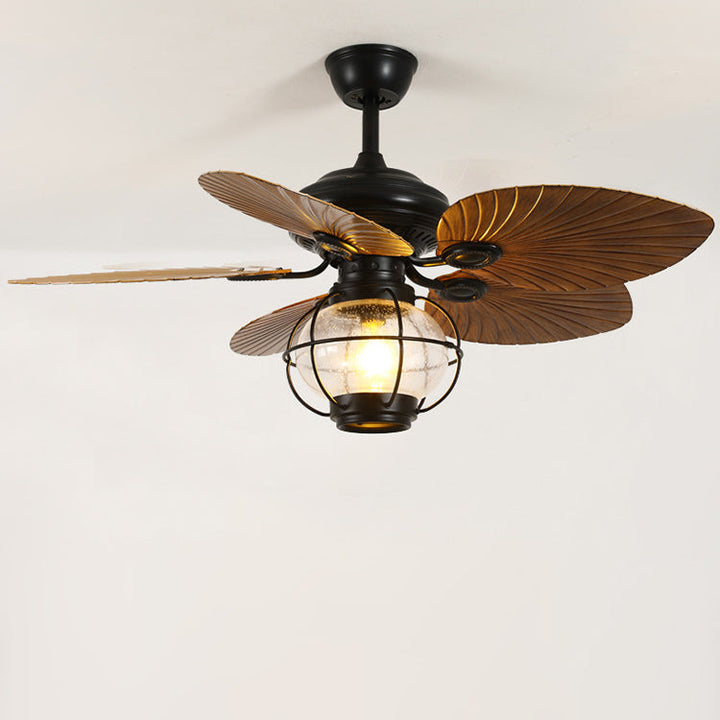 Traditional Rustic Lantern Banana Shaped Fan Leaf Iron Glass 1-Light Downrods Ceiling Fan Light For Living Room