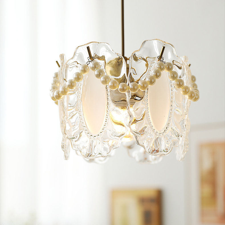 Traditional French Feather Pearl Petal Hardware Glass 1-Light Pendant Light For Bedroom