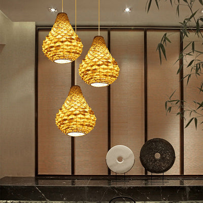 Lampe suspendue chinoise moderne à 1 lumière en forme d'ananas tissé en rotin 