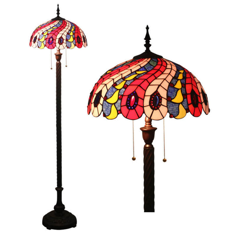 European Tiffany Peacock Tail Stained Glass 2-Light Standing Floor Lamp