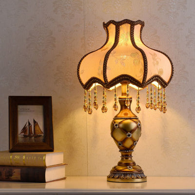 European Vintage Fabric Tassel Bead Resin 1-Light Table Lamp