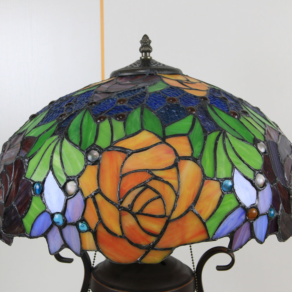 Traditional Tiffany Floral Stained Glass Iron Resin Round Pot 3-Light Table Lamp For Bedroom
