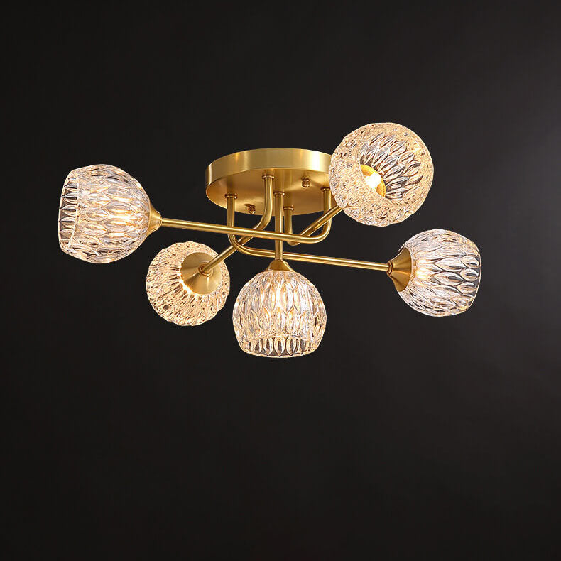 Plafonnier semi-encastré à 5 lumières en verre cristal rond en cuivre de style moderne du milieu du siècle 