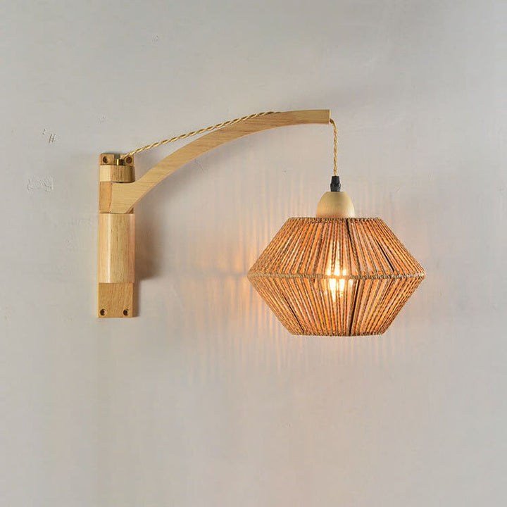 Traditionelle Vintage-Wandleuchte mit Seilgeflecht, Bambus, Massivholz und Laternenkäfig, 1-flammig, für das Wohnzimmer 
