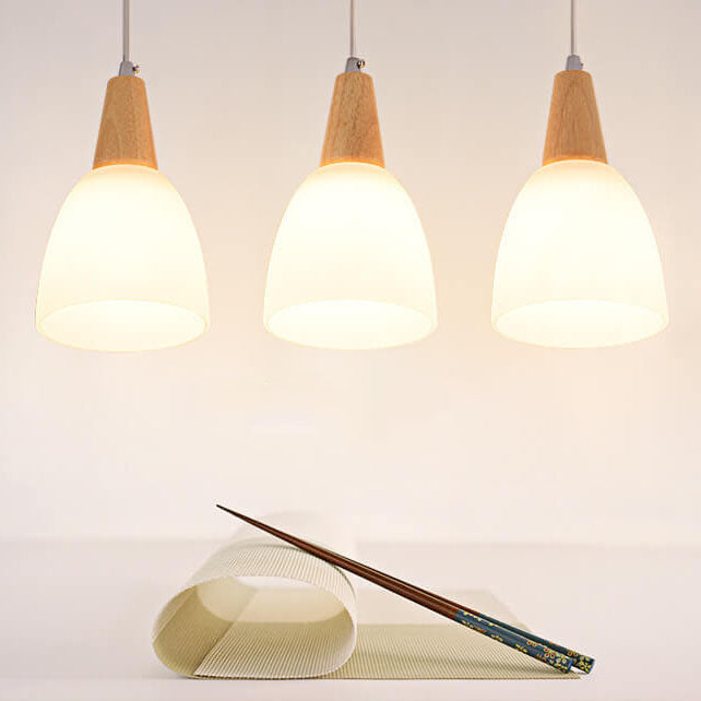 Lustre à îlot à 3 lumières en bois avec cône en verre simple nordique 