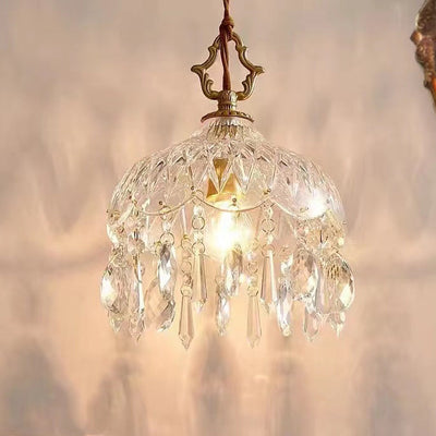 Modern Art Deco Brass Checkered Glass Shade Crystal Beads 1-Light Pendant Light For Living Room