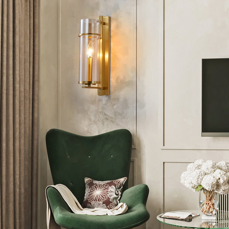 Nordic Luxury Brass Columnar Glass 1-Light Wall Sconce Lamp