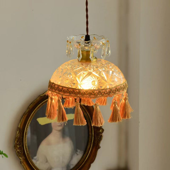 Traditional French Glass Copper Dome Tassel 1-Light Pendant Light For Living Room
