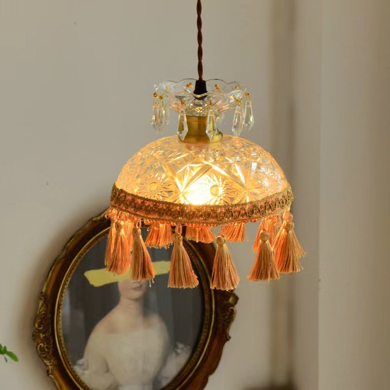 French Luxury Glass Copper Dome Tassel 1-Light Pendant Light