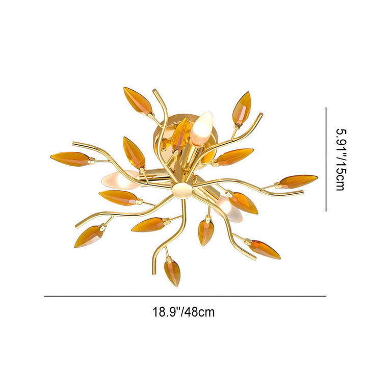Modern  Luxury Leaves Iron Glass 3-Light Semi-Flush Mount Ceiling Light for Living Room