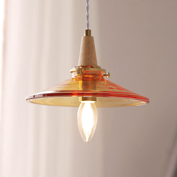 Lustre suspendu vintage en verre orange avec cône et bois massif à 1 ampoule 
