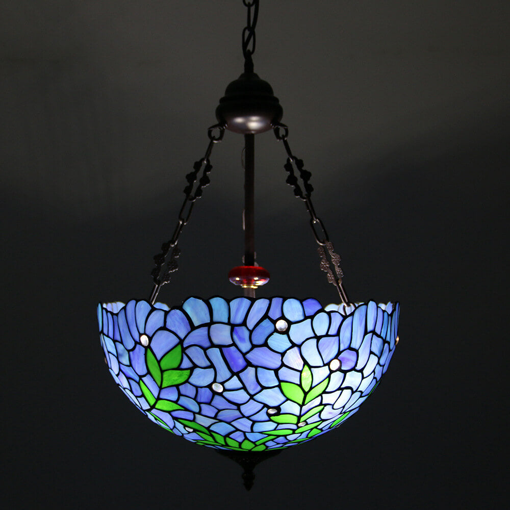 Lámpara de araña redonda de 3 luces de estilo vintage tradicional Tiffany con herrajes y vidrio teñido violeta 