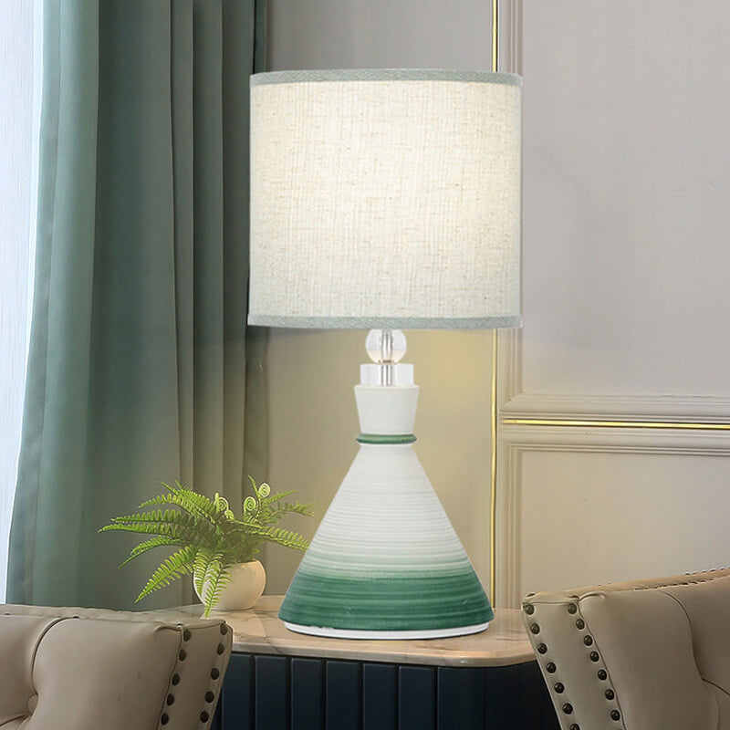 Nordic Minimalist Fabric Shade Gradient Green Cone Ceramic Base 1-Light Table Lamp
