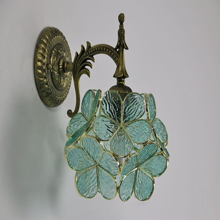 European Vintage Tiffany Flower Shaped Glass Metal 1-Light Wall Sconce Lamp