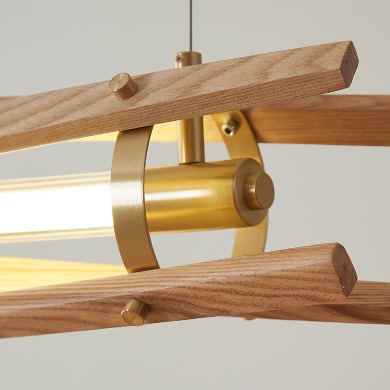 Lámpara colgante lineal LED para isla de estilo japonés tradicional, de columna larga tipo tronco, en madera de fresno y latón, para comedor 