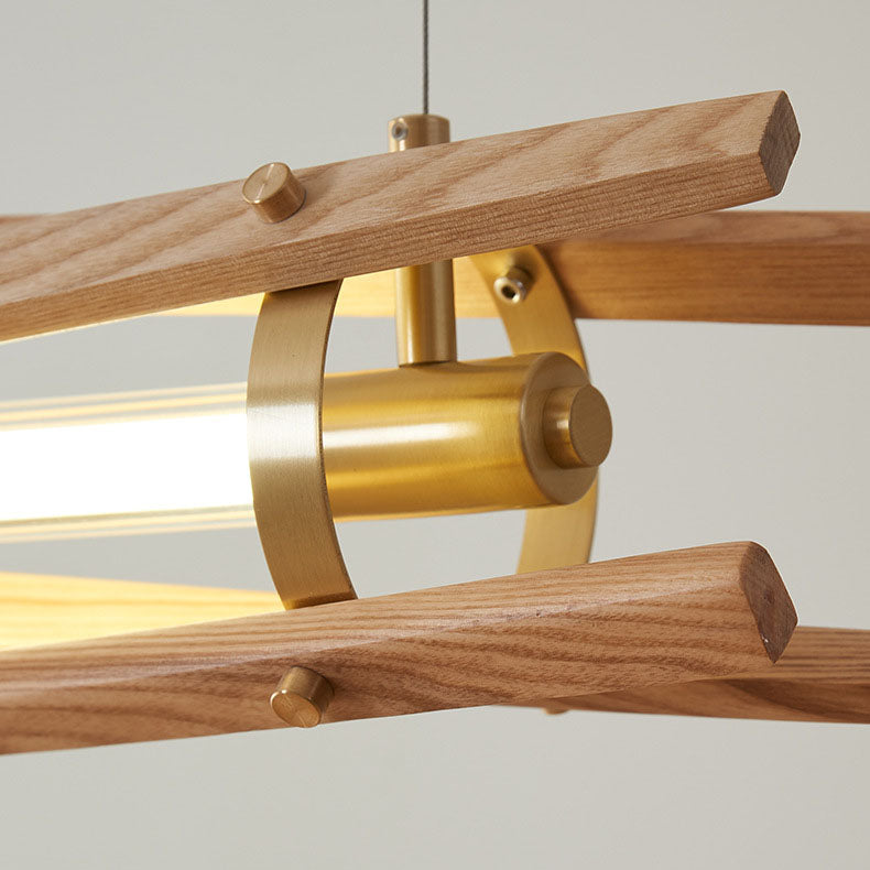 Japanese Minimalist Log Long Column Brass LED Island Light Chandelier