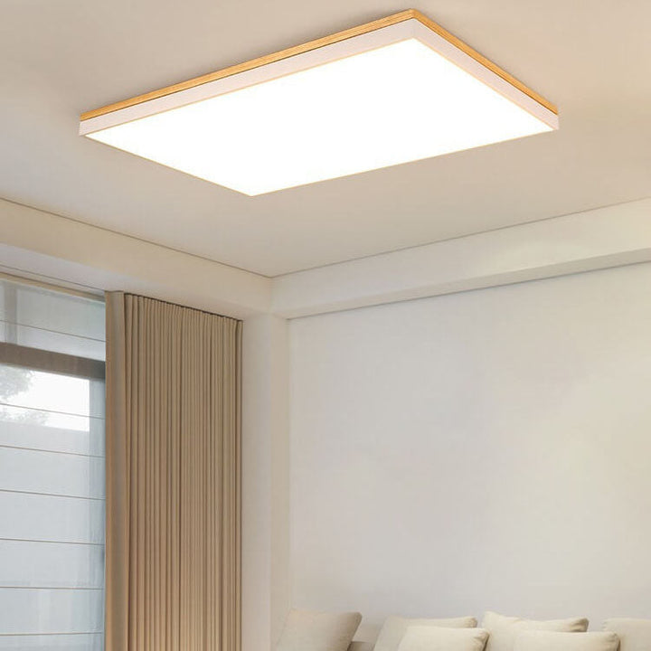 Moderne minimalistische LED-Deckenleuchte zur flachen Montage aus massivem Holz und Acryl in quadratischer Rechteckform für das Wohnzimmer 