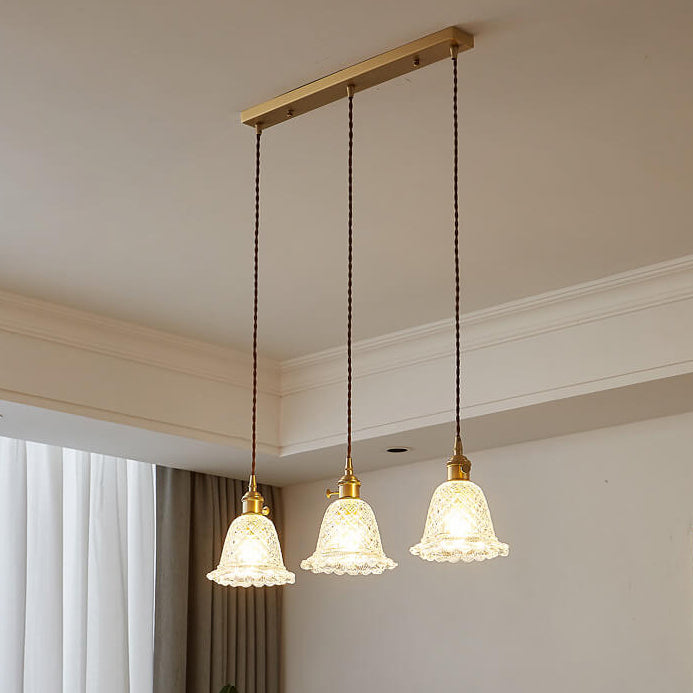 Contemporary Nordic Textured Copper Glass Flowers 1/3 Light Island Light Chandelier For Living Room