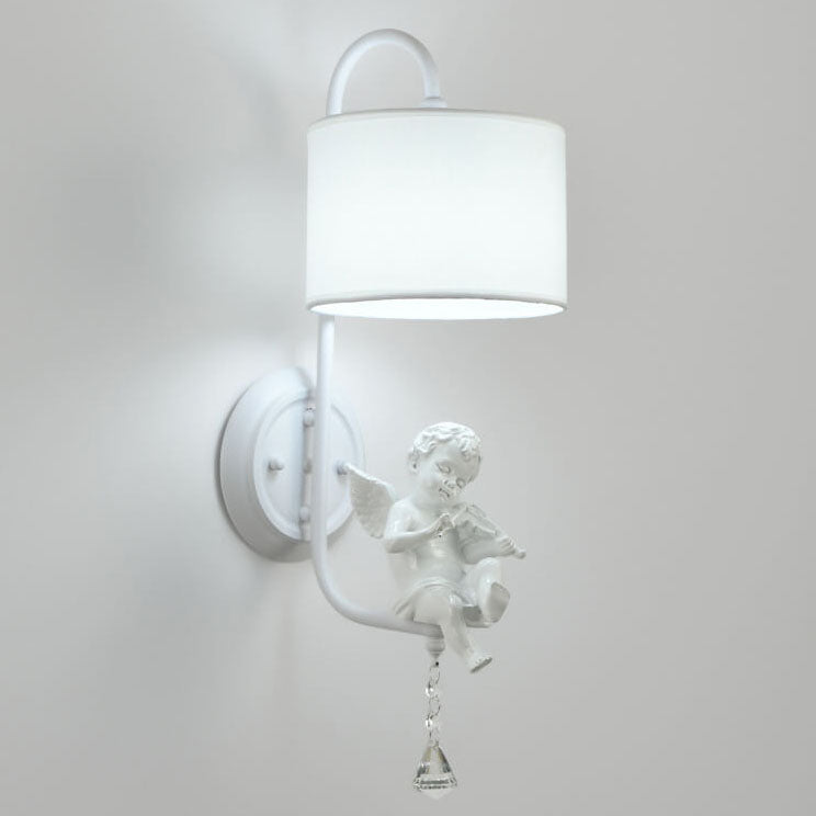 Modern Minimalist Angel Resin Round Fabric 1-Light Wall Sconce Lamp for Living Room