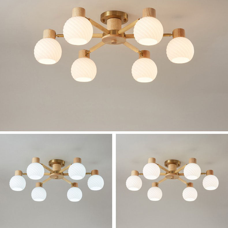Plafón de techo tradicional japonés Wabi-sabi de madera de caucho, herrajes y vidrio de 3/6/8 luces para sala de estar 