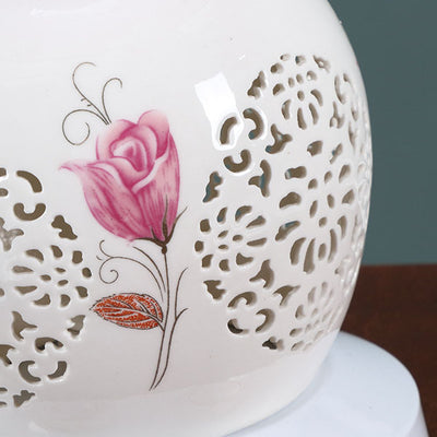 Chinese Minimalist Ceramic Floral Fabric Cone 1-Light Table Lamp