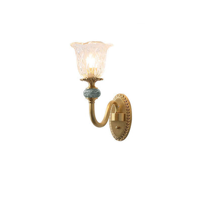 European Luxury Floral Glass Brass Curved Arm 1/2 Light Wall Sconce Lamp