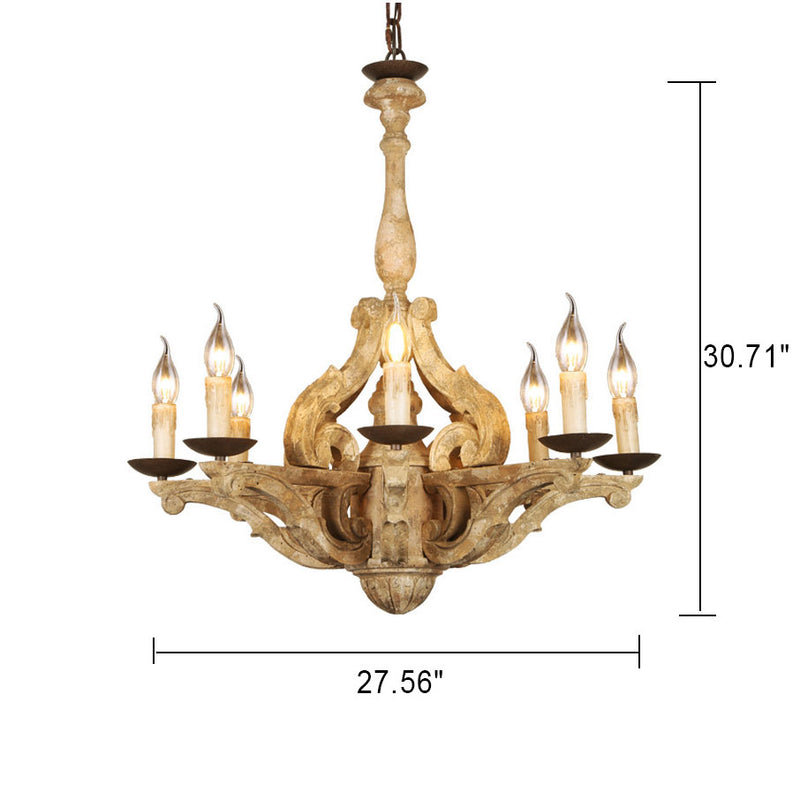 European Rustic Vintage Solid Wood 8-Light Chandelier
