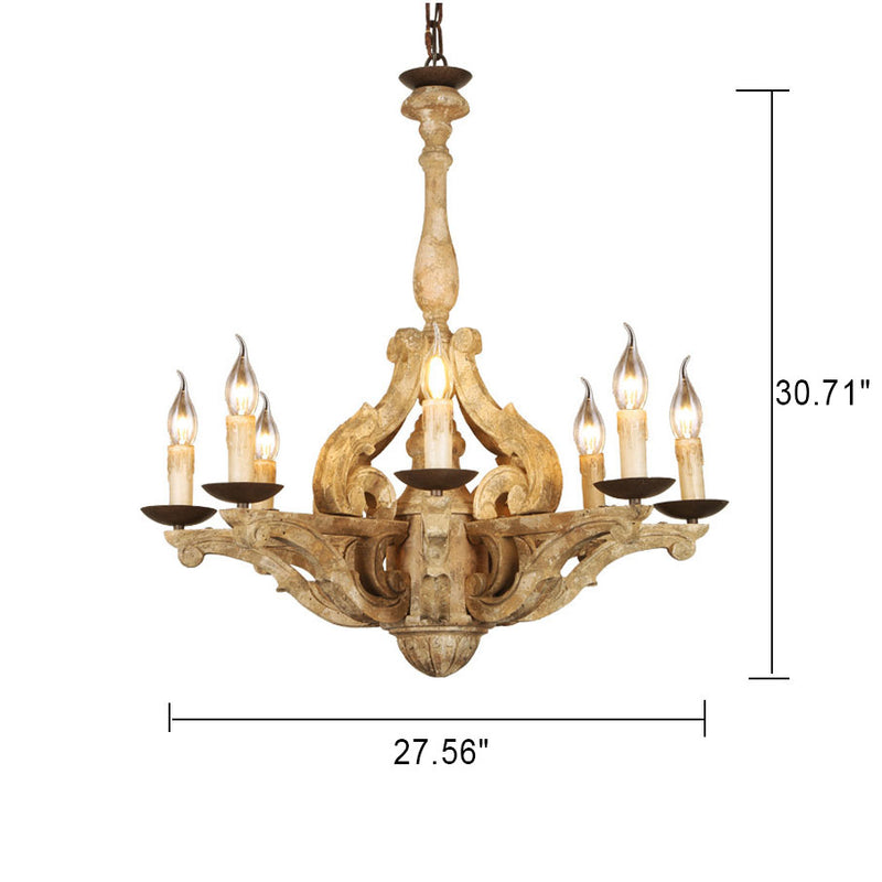 Europäischer rustikaler Vintage Kronleuchter aus Massivholz mit 6 Leuchten 