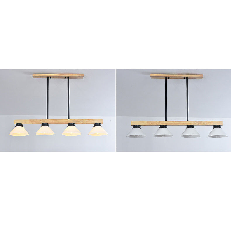 Lámpara de Araña de Isla de 3/4 Luces con Pantalla de Vidrio Cónica de Madera Maciza Nórdica 