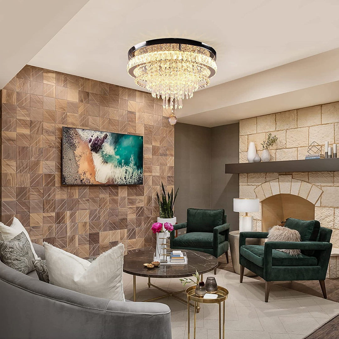 Moderne luxuriöse LED-Deckenleuchte mit Kristall, Edelstahl und rundem Quastendesign für Wohnzimmer &amp; Schlafzimmer 
