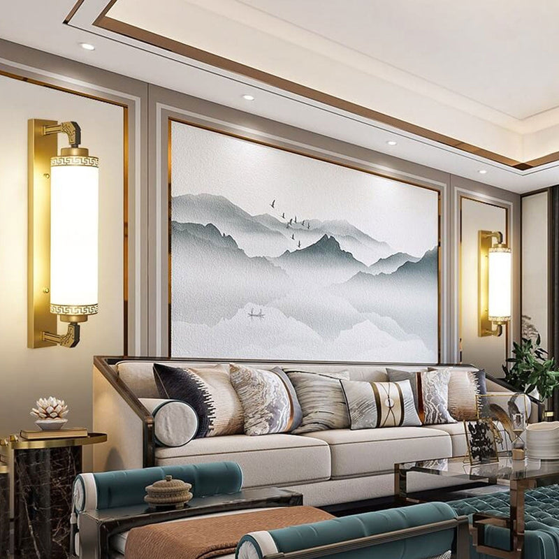Moderne Chinesische Säule Eisen Glas 2-Licht Wandleuchte 