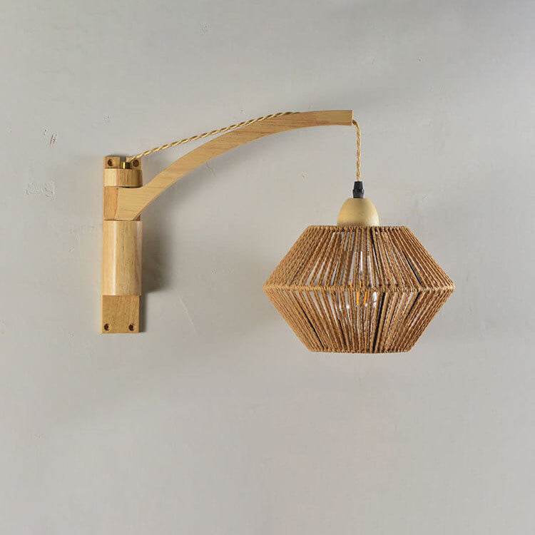 Traditionelle Vintage-Wandleuchte mit Seilgeflecht, Bambus, Massivholz und Laternenkäfig, 1-flammig, für das Wohnzimmer 