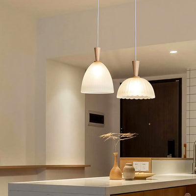 Modern Minimalist Textured Dome Glass Wood  Handle 1-Light Pendant Light