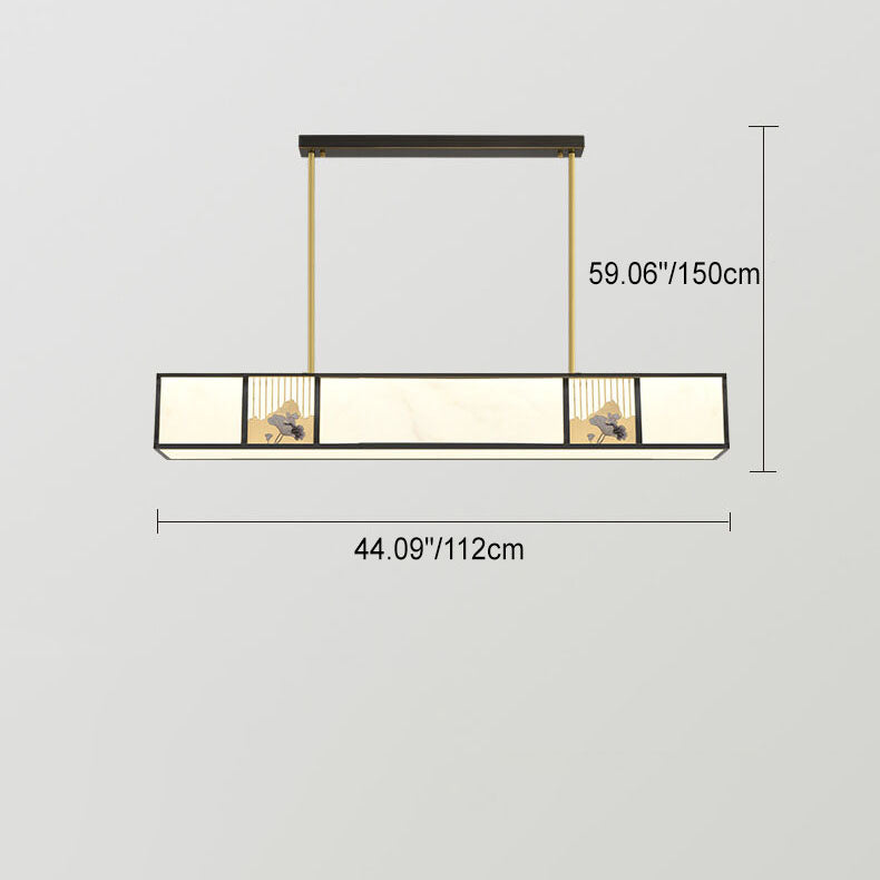 Traditional Chinese Copper Carved Decorative Acrylic Rectangular Shade LED Island Light Pendant Light For Living Room